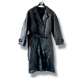 Vintage Phase Two Black Leather Belted Trench Coat Women's Size XL Chic Classic